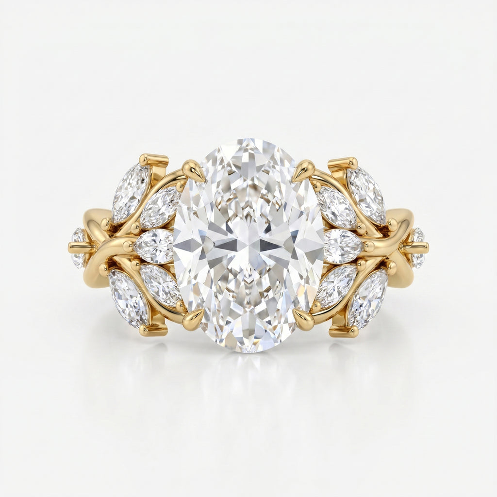 Oval Diamond Engagement Ring Nature Inspired Marquise Leaf Side Stone Ring