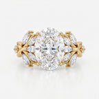 Oval Diamond Engagement Ring Nature Inspired Marquise Leaf Side Stone Ring