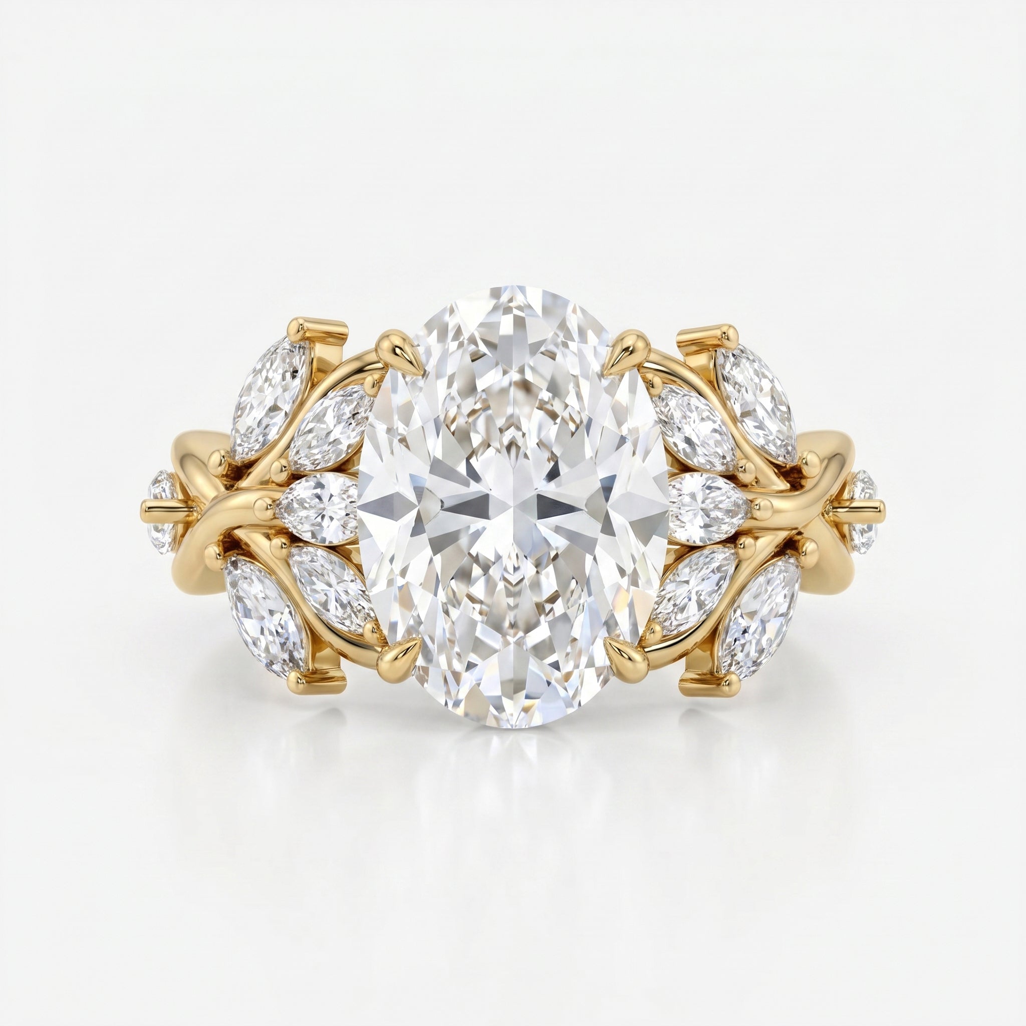 Oval Diamond Engagement Ring Nature Inspired Marquise Leaf Side Stone Ring