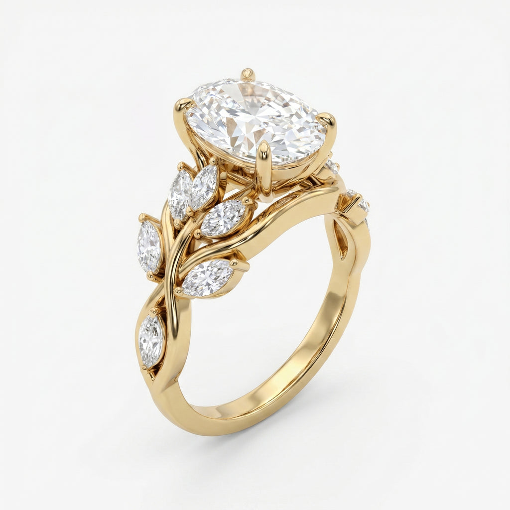 Oval Diamond Engagement Ring Nature Inspired Marquise Leaf Side Stone Ring