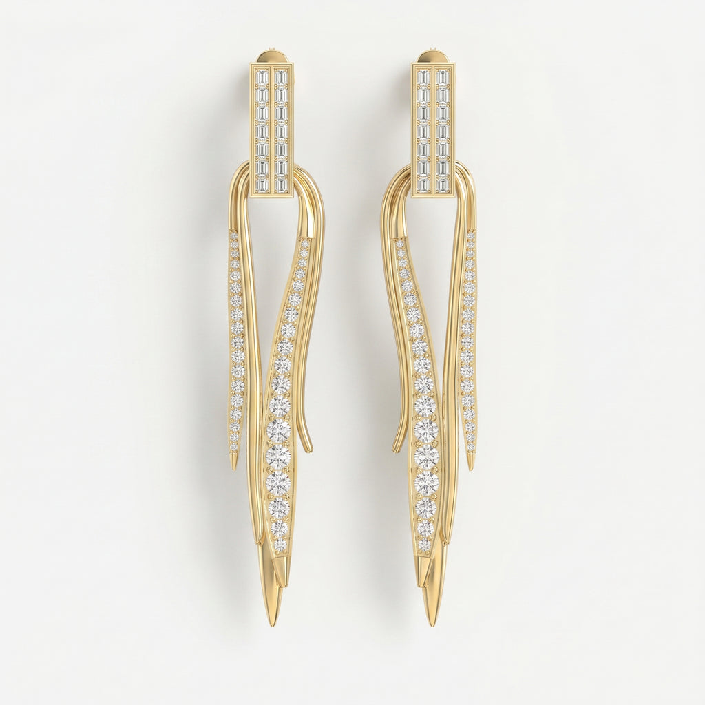Baguette & Round Diamond Long Statement Fashion Earrings