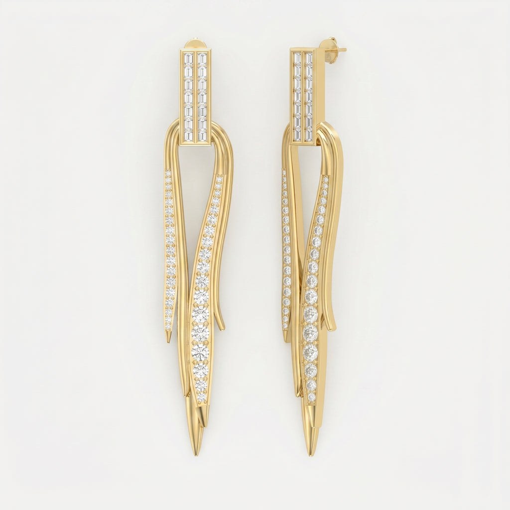 Baguette & Round Diamond Long Statement Fashion Earrings
