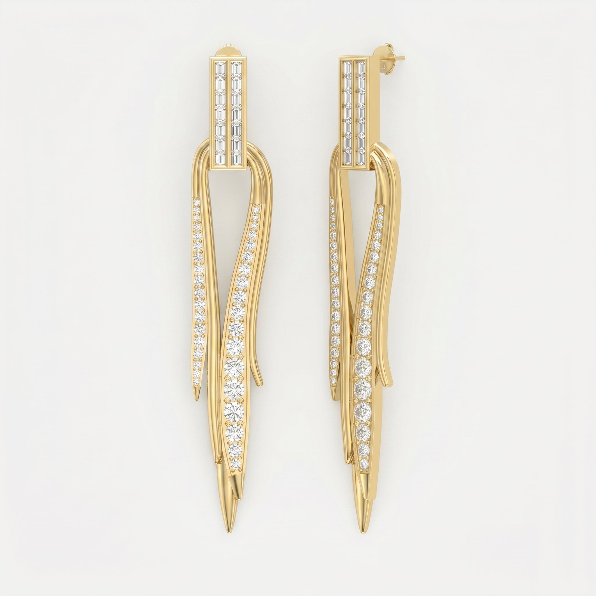 Baguette & Round Diamond Long Statement Fashion Earrings