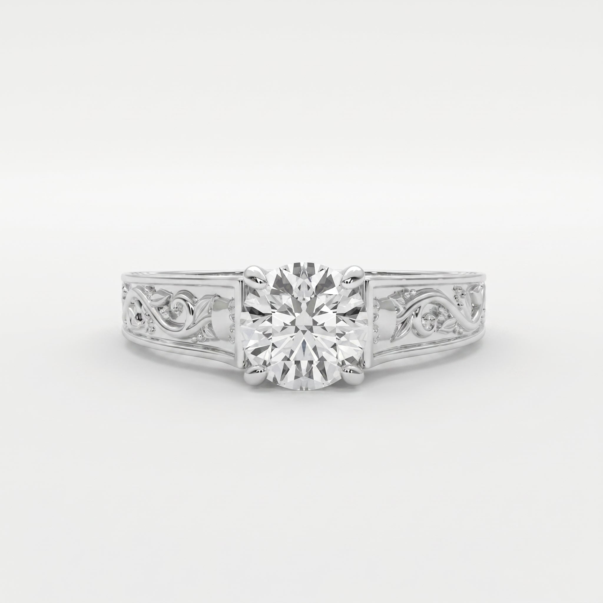 Vintage Floral Engraved Round Cut Diamond Engagement Ring