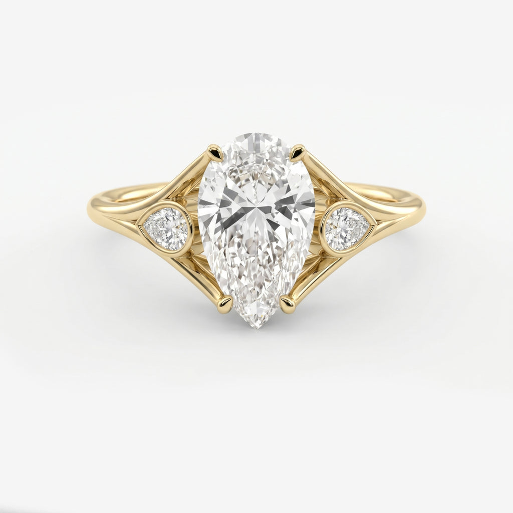 Custom 4‑Prong Diamond Ring with Bezel‑Set Pear Side Stones