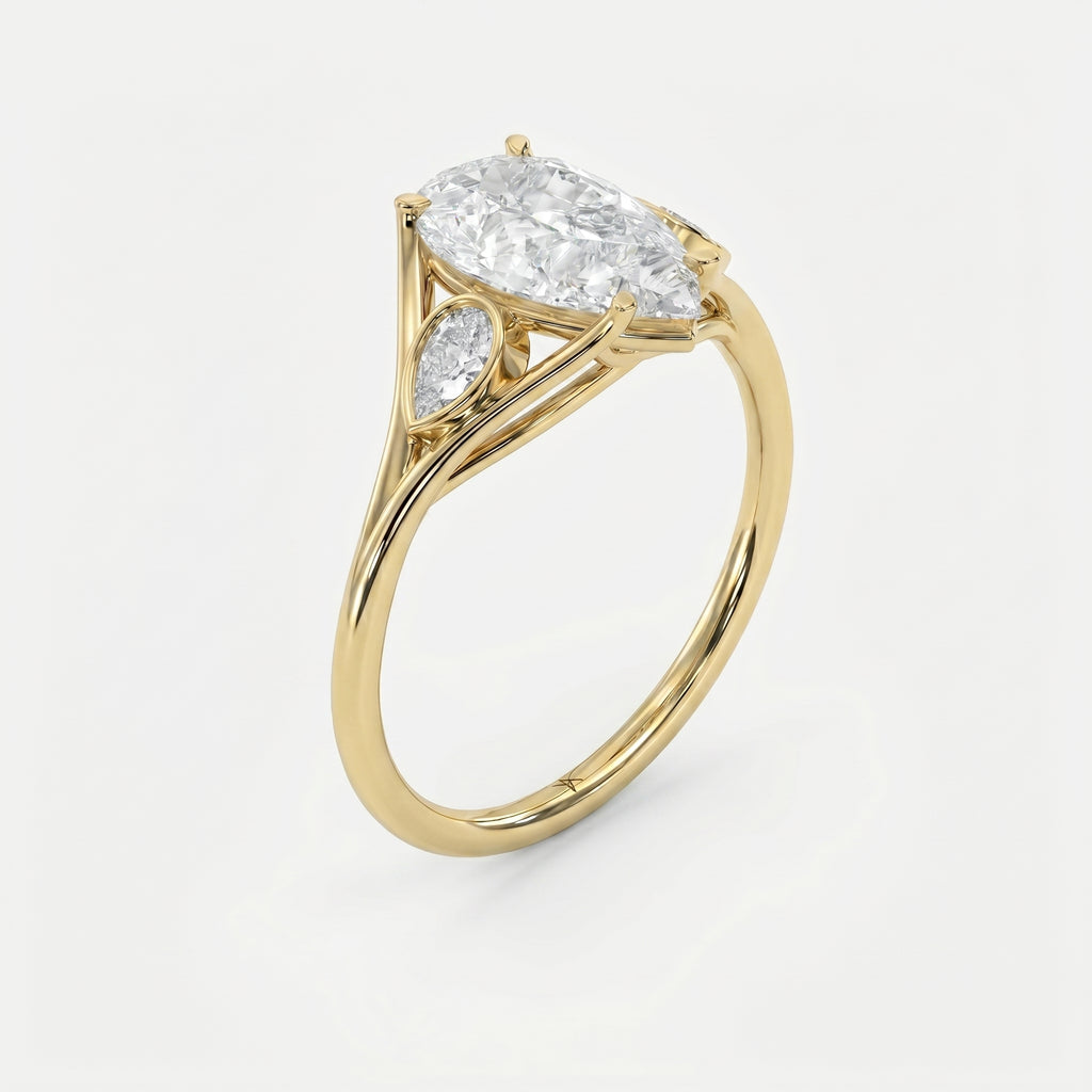 Custom 4‑Prong Diamond Ring with Bezel‑Set Pear Side Stones
