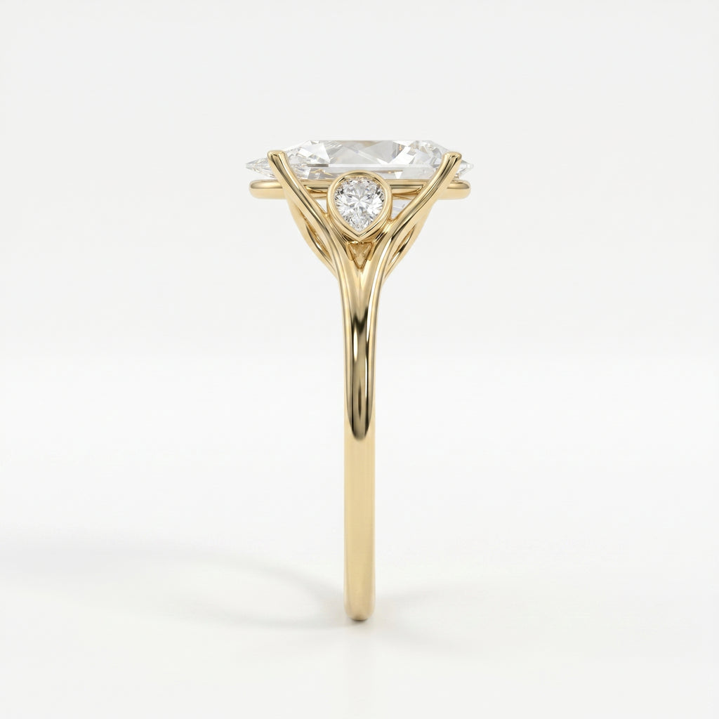 Custom 4‑Prong Diamond Ring with Bezel‑Set Pear Side Stones