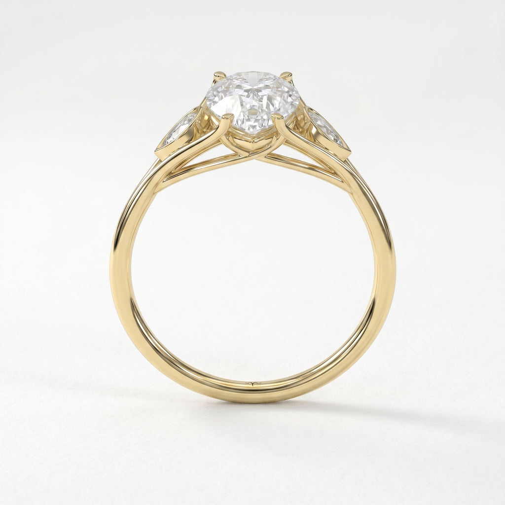 Custom 4‑Prong Diamond Ring with Bezel‑Set Pear Side Stones