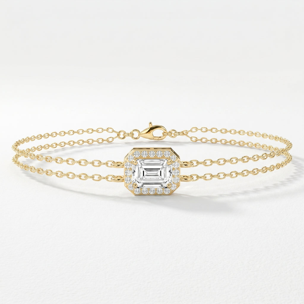 Diamond Bracelet Chain with Emerald Cut Halo Center – Double Chain Elegant Design