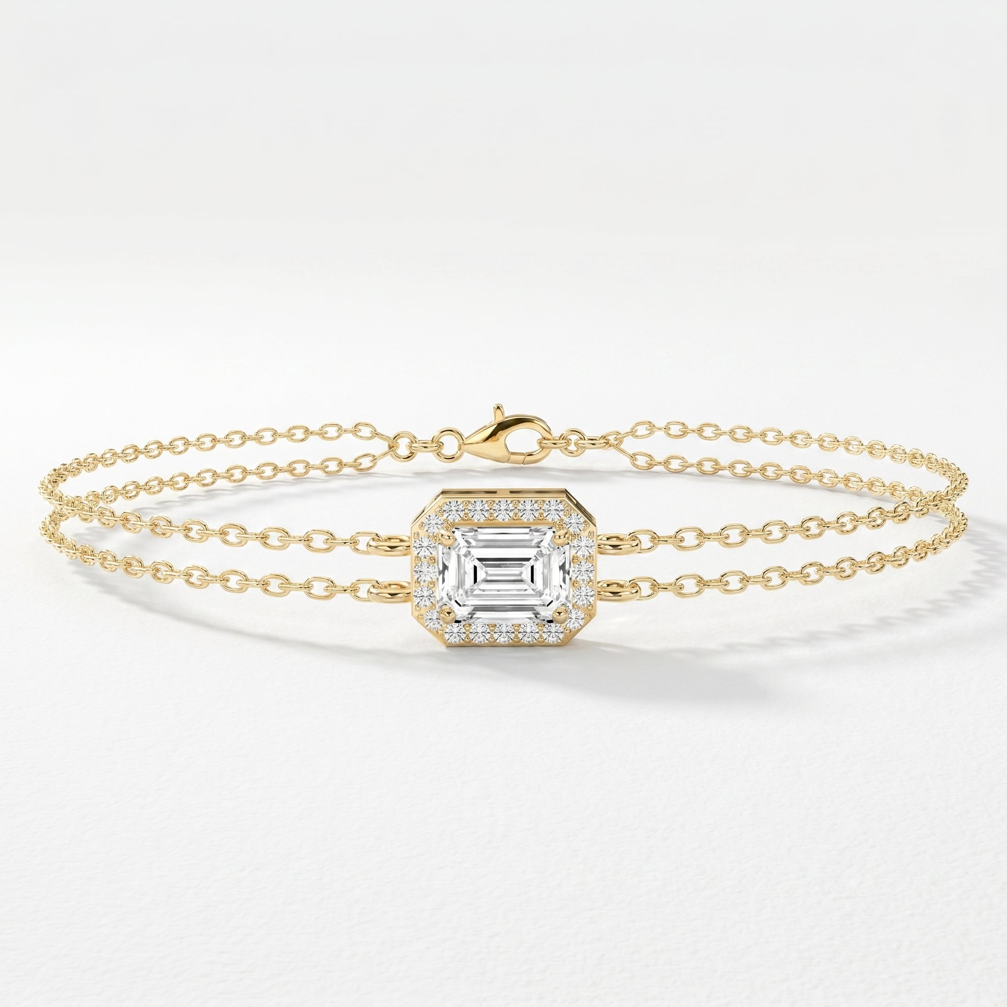 Diamond Bracelet Chain with Emerald Cut Halo Center – Double Chain Elegant Design