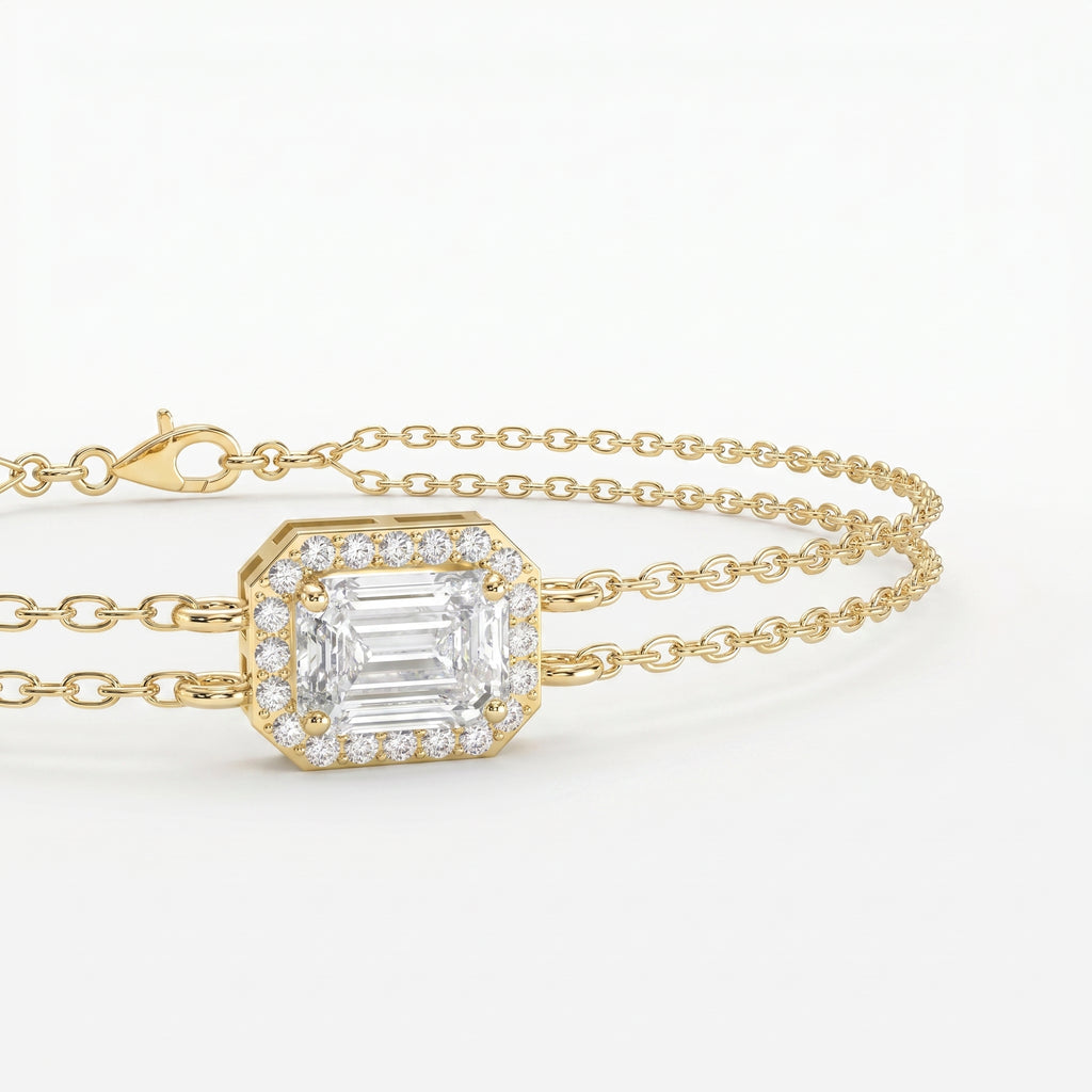 Diamond Bracelet Chain with Emerald Cut Halo Center – Double Chain Elegant Design