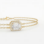 Diamond Bracelet Chain with Emerald Cut Halo Center – Double Chain Elegant Design