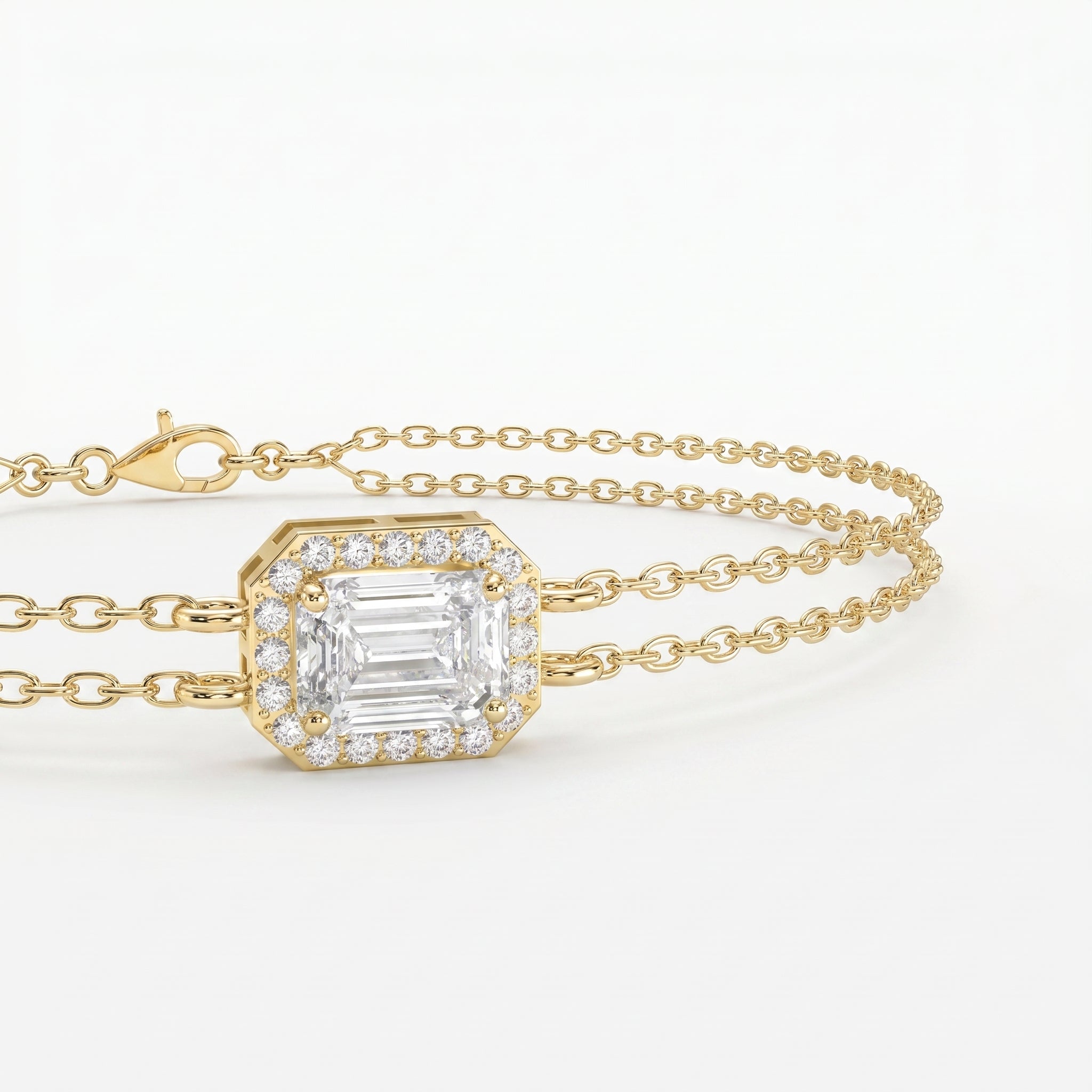 Diamond Bracelet Chain with Emerald Cut Halo Center – Double Chain Elegant Design