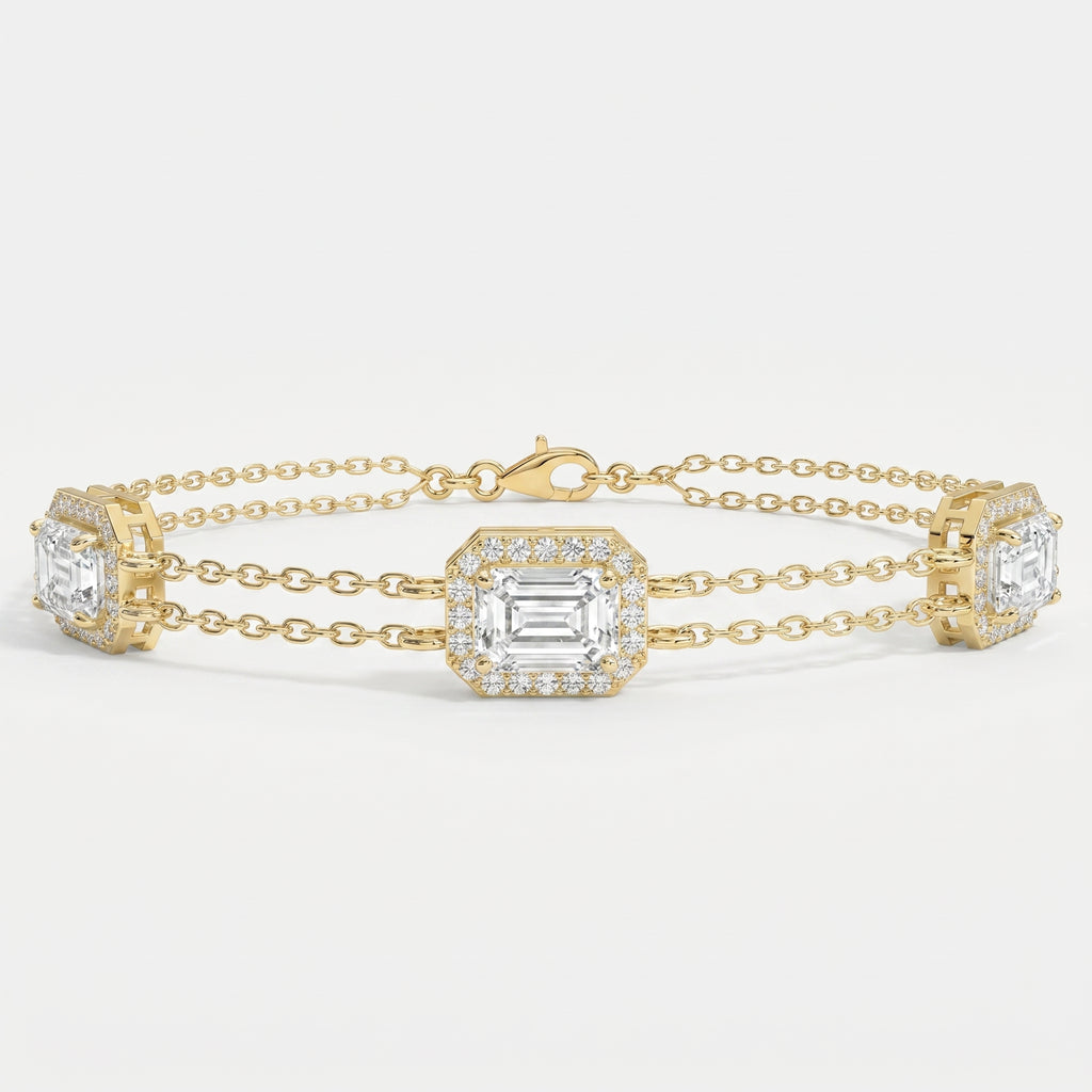 Emerald Cut Diamond Halo Double Chain Statement Design Bracelet