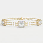 Emerald Cut Diamond Halo Double Chain Statement Design Bracelet