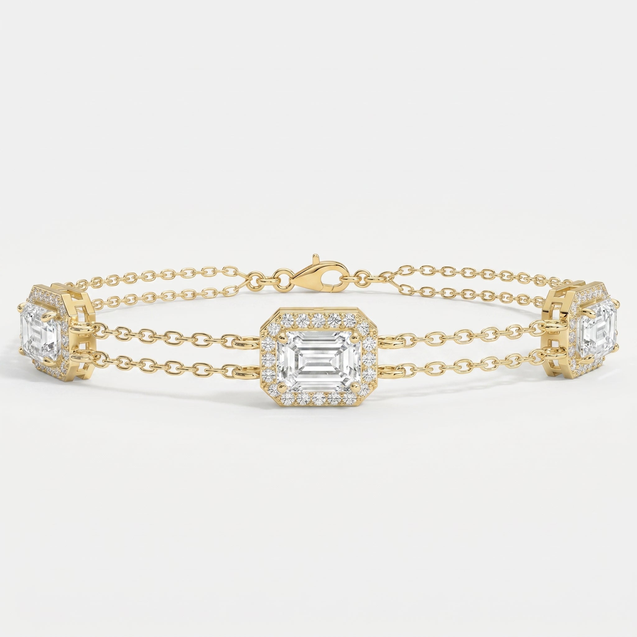 Emerald Cut Diamond Halo Double Chain Statement Design Bracelet