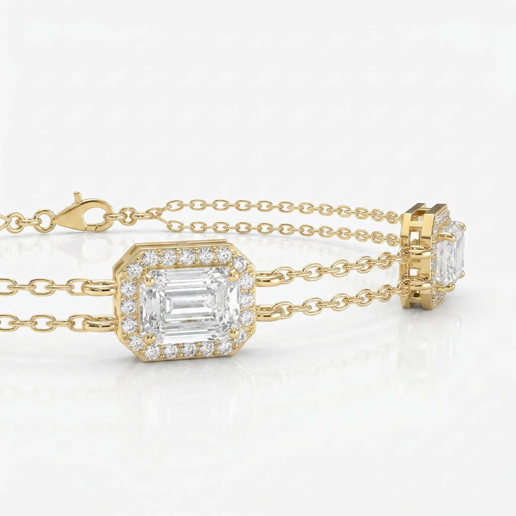 Emerald Cut Diamond Halo Double Chain Statement Design Bracelet