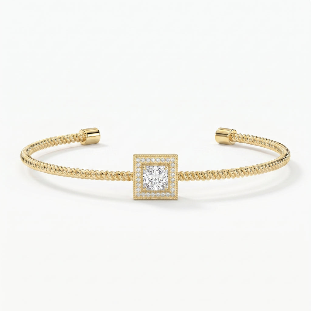 Luxury Cuff Bracelet with Square Halo Centerpiece – Princess Cut Diamond