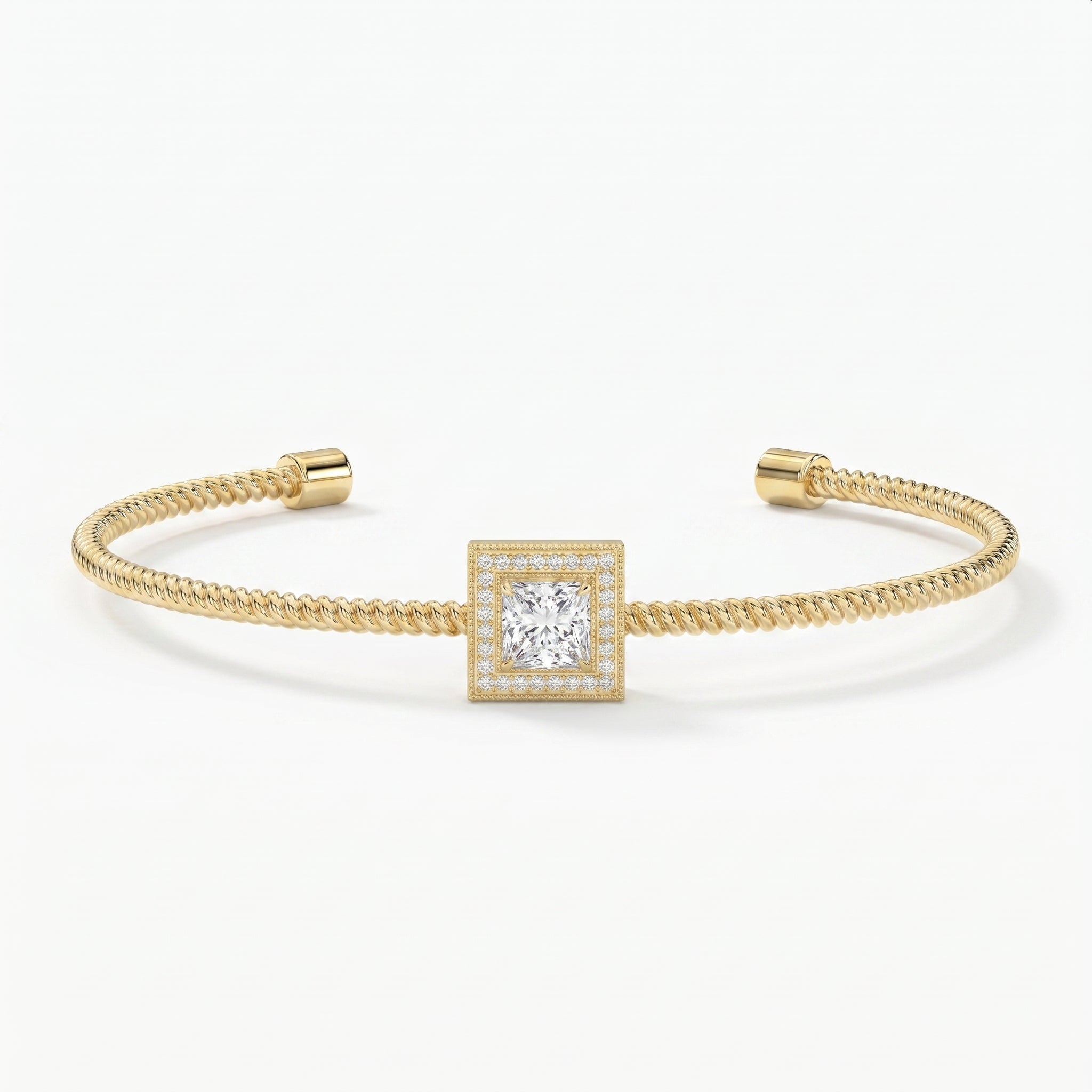 Luxury Cuff Bracelet with Square Halo Centerpiece – Princess Cut Diamond