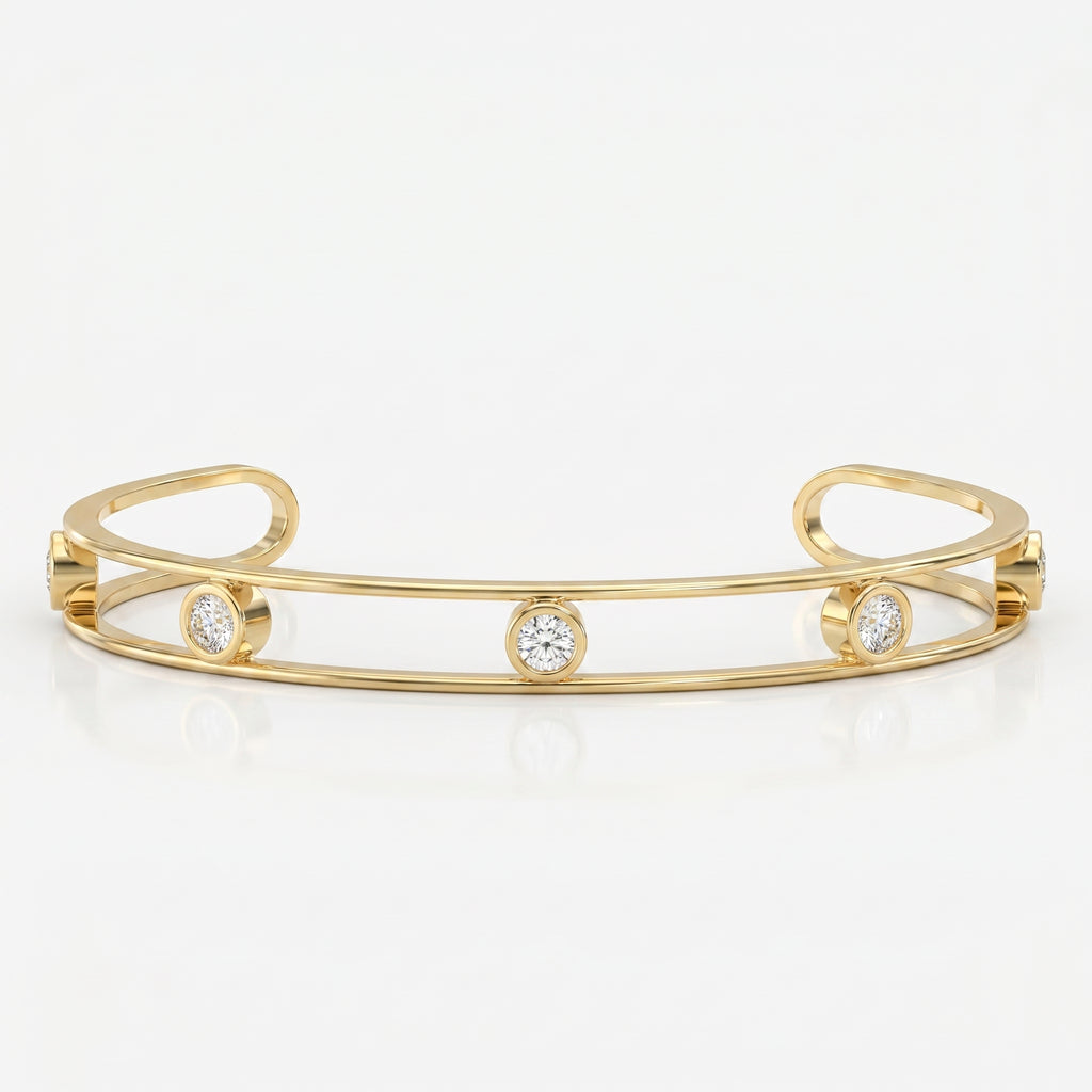 Minimalist Cuff Bracelet with Bezel Set Round Diamonds