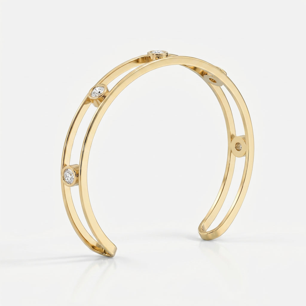 Minimalist Cuff Bracelet with Bezel Set Round Diamonds