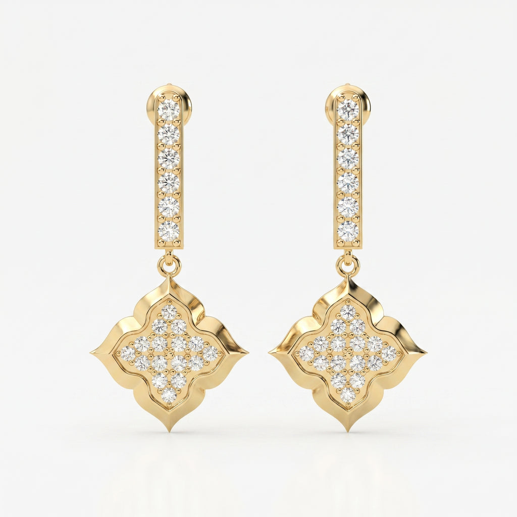 Round Cut Diamond Quatrefoil Drop Earrings