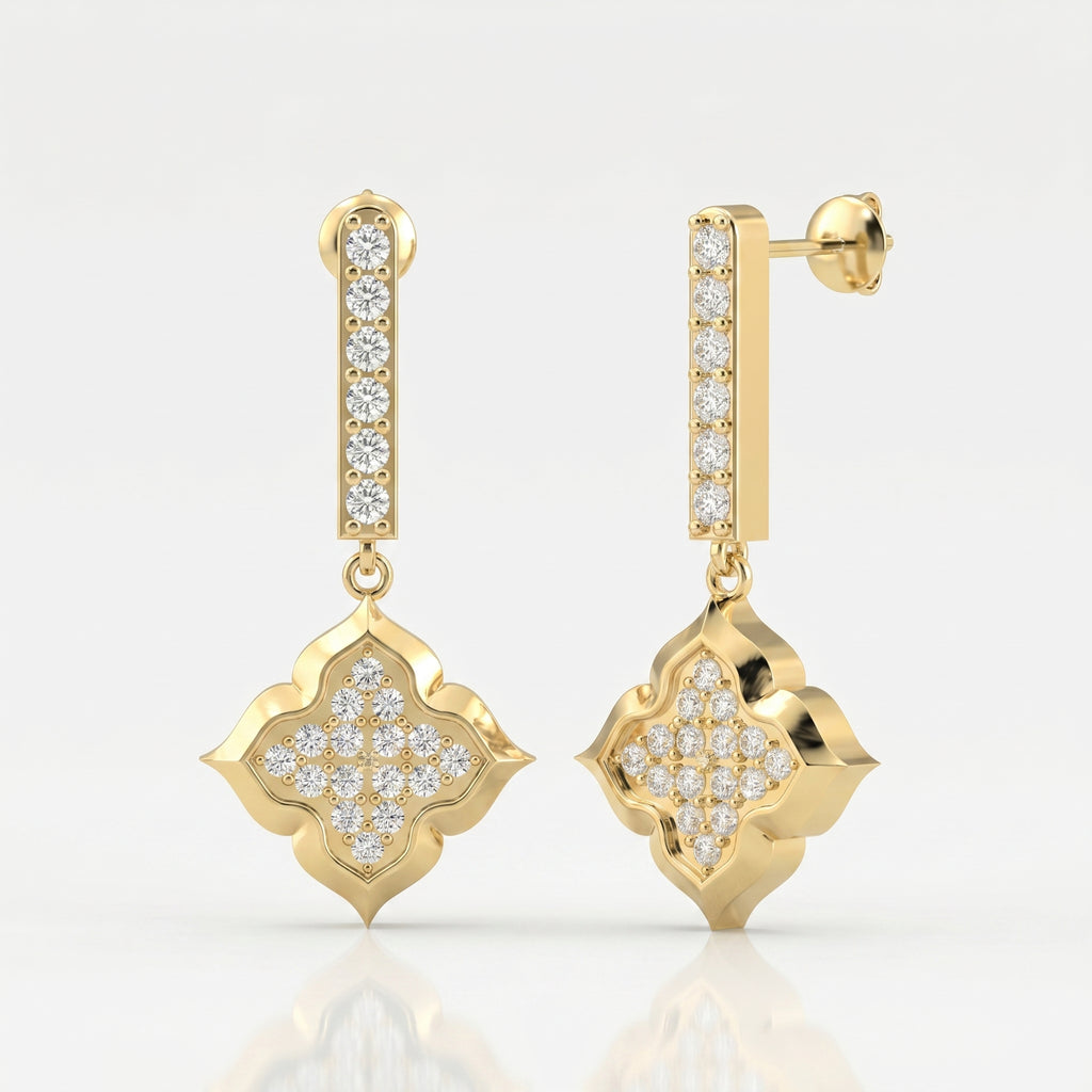 Round Cut Diamond Quatrefoil Drop Earrings