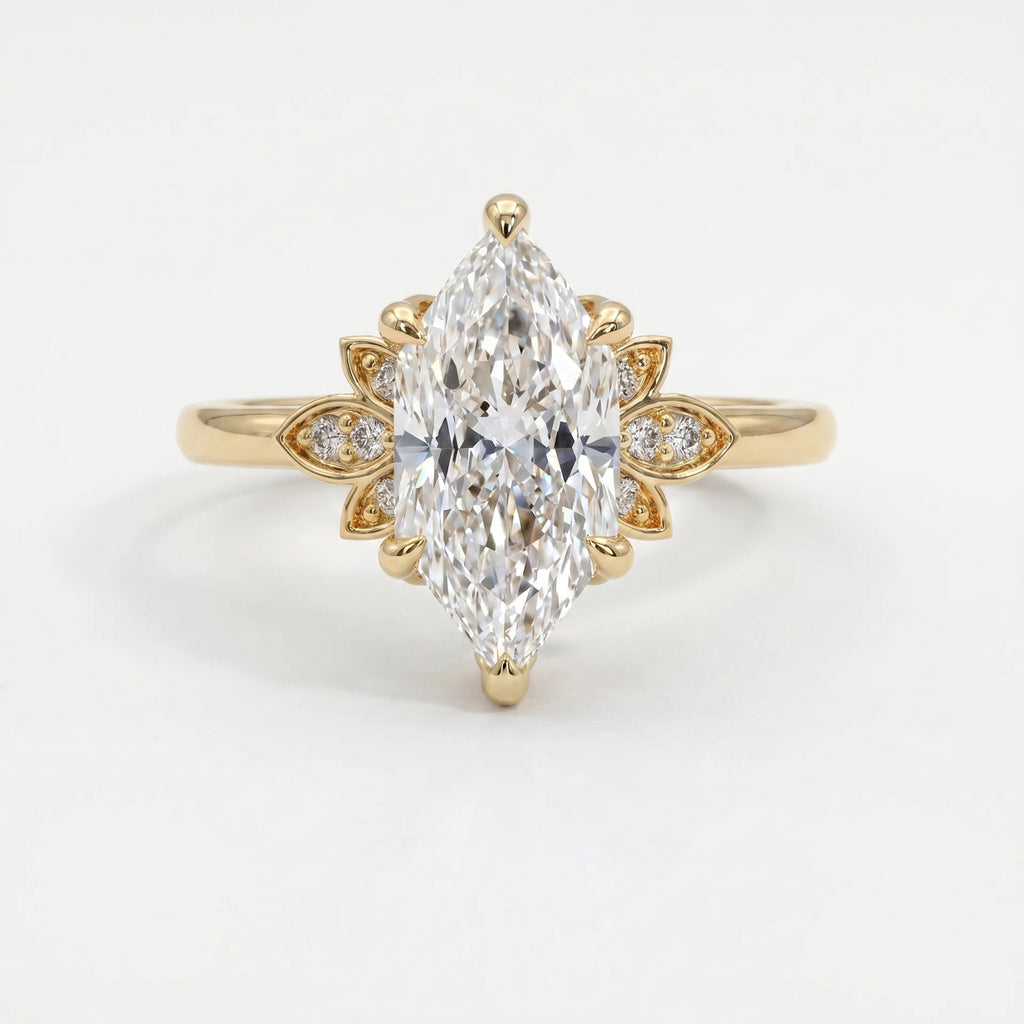 Dutch Marquise Cut Lab Diamond Floral Side Cluster Design Engagement Ring