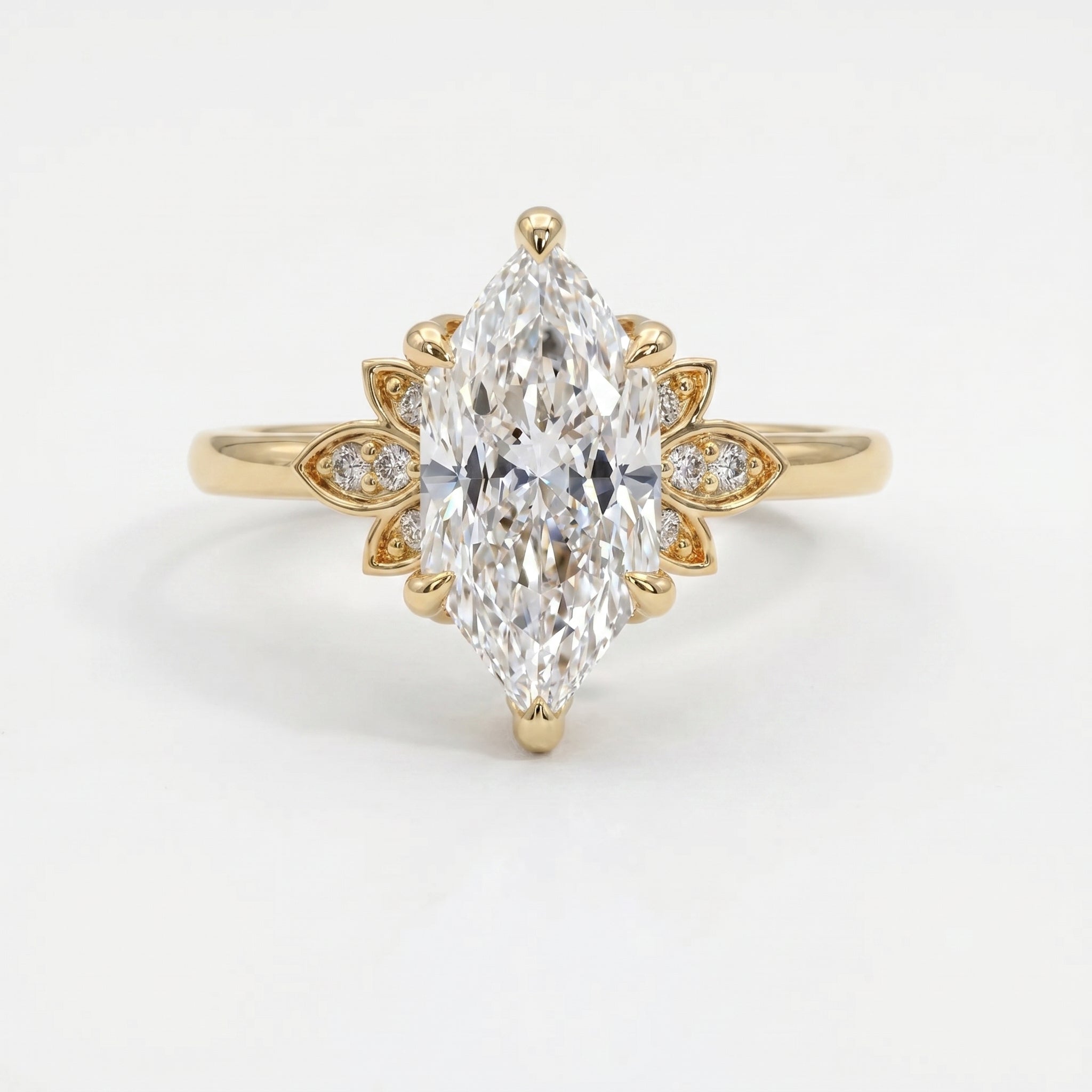 Dutch Marquise Cut Lab Diamond Floral Side Cluster Design Engagement Ring