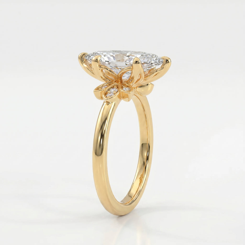 Dutch Marquise Cut Lab Diamond Floral Side Cluster Design Engagement Ring