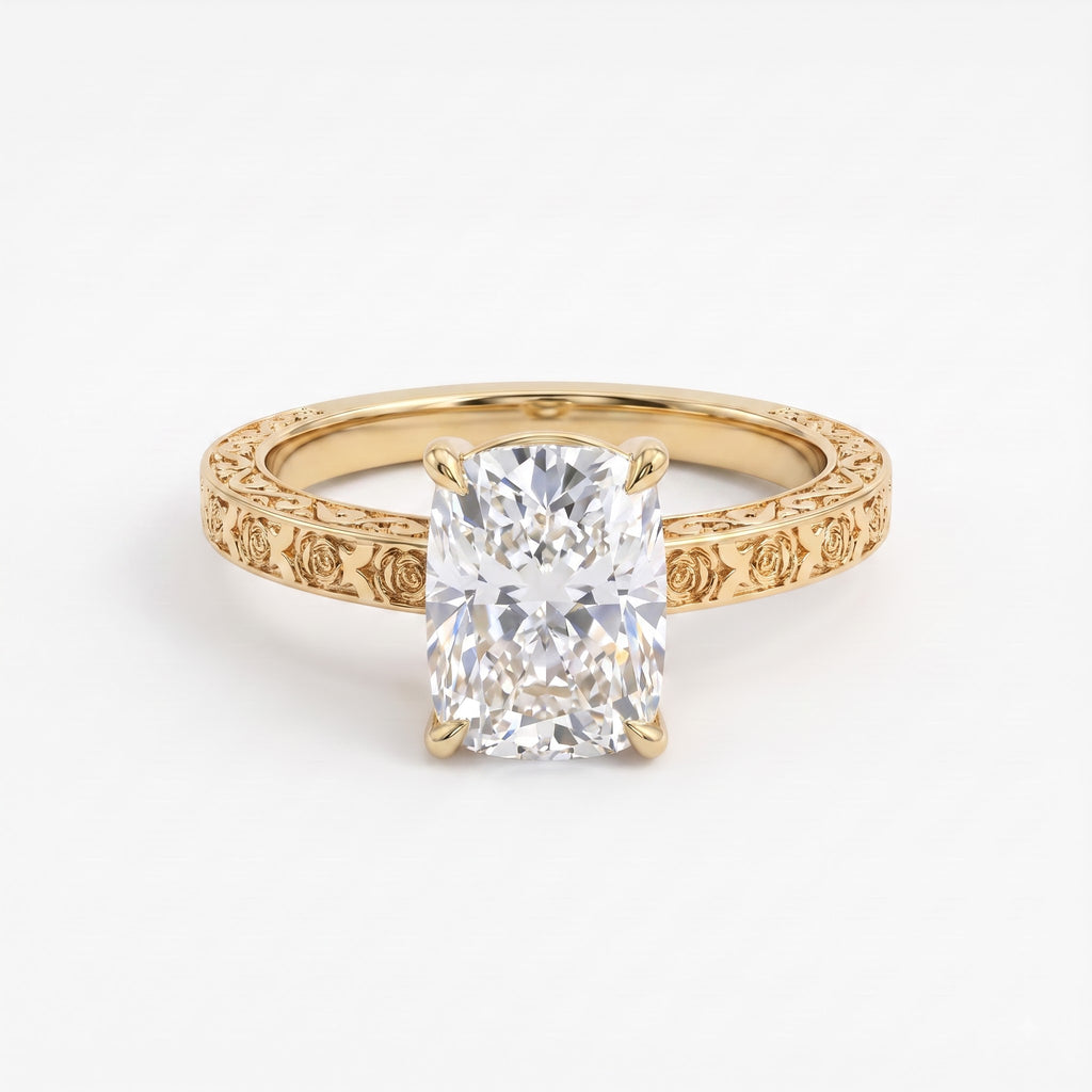 Vintage Floral Engraved Long Cushion Solitaire Ring