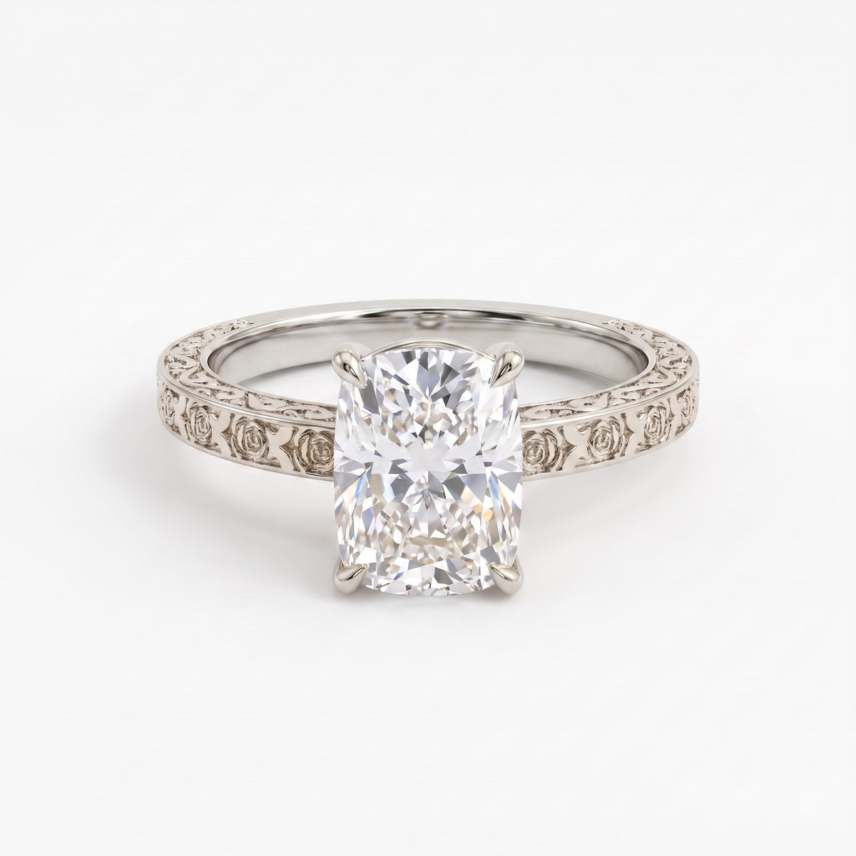 Vintage Floral Engraved Long Cushion Solitaire Ring