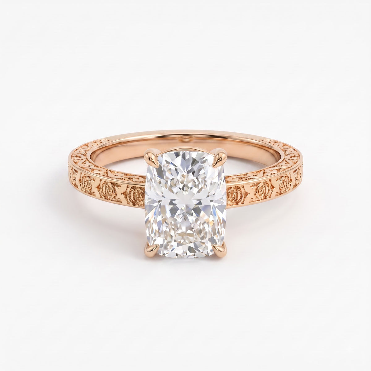 Vintage Floral Engraved Long Cushion Solitaire Ring
