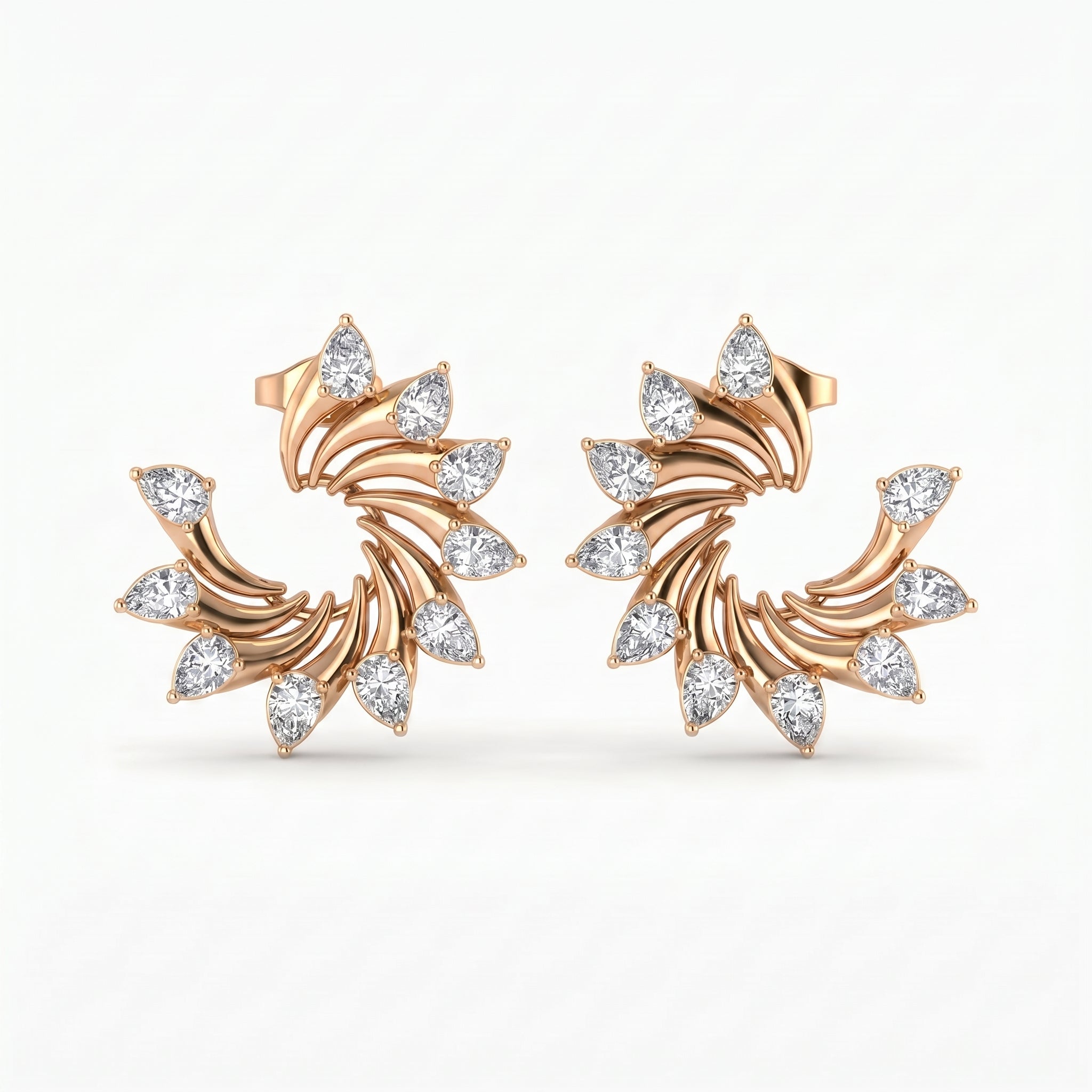 Rose gold swirl diamond stud earrings with pear-cut stones in a luxury front-facing jewelry product photo
