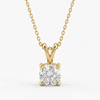 Luxury yellow gold cushion cut solitaire pendant necklace with brilliant clear gemstone on white background