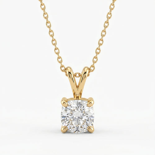 Luxury yellow gold cushion cut solitaire pendant necklace with brilliant clear gemstone on white background