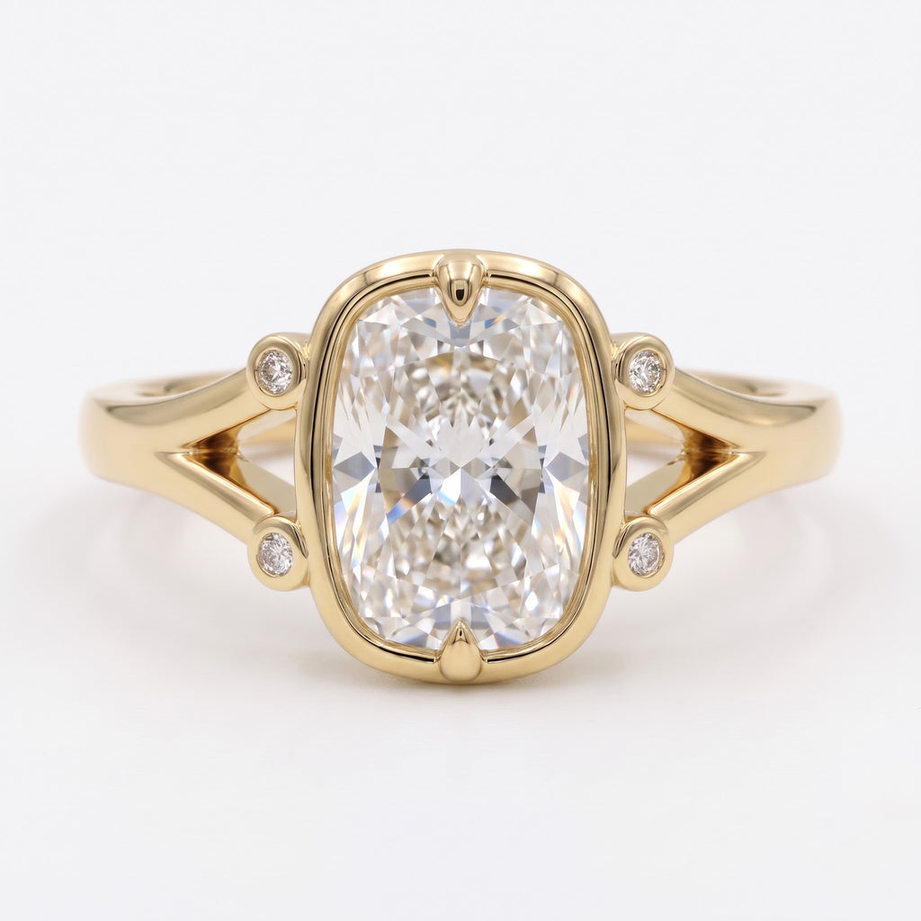 Lumière Bezel Split-Shank Long Cushion Diamond Side Stone Ring