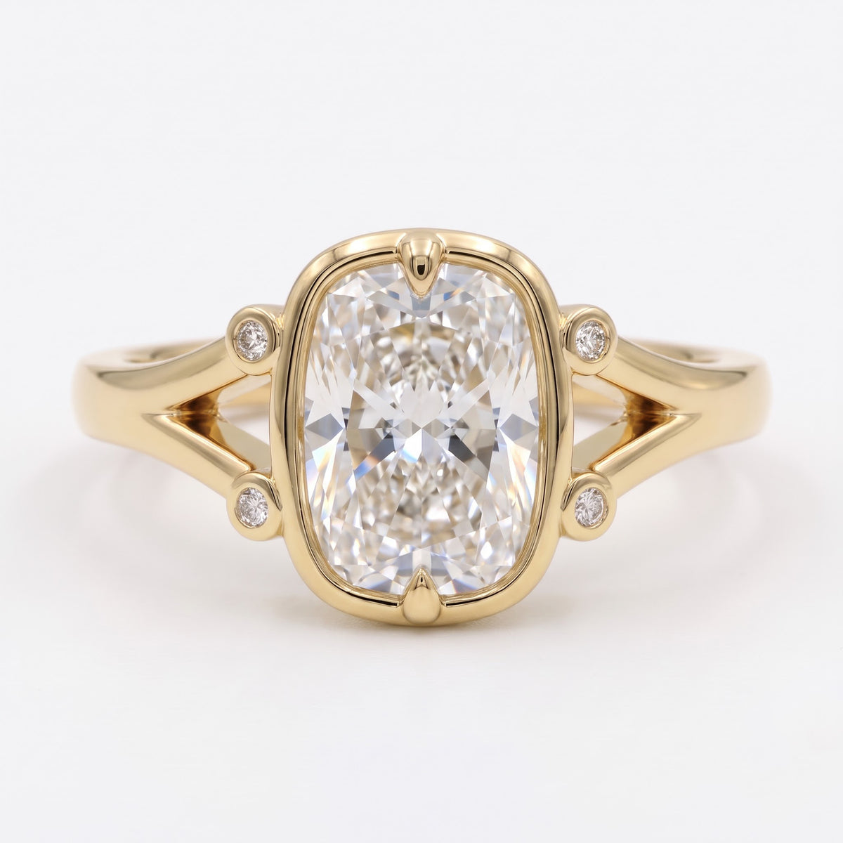 Lumière Bezel Split-Shank Long Cushion Diamond Side Stone Ring