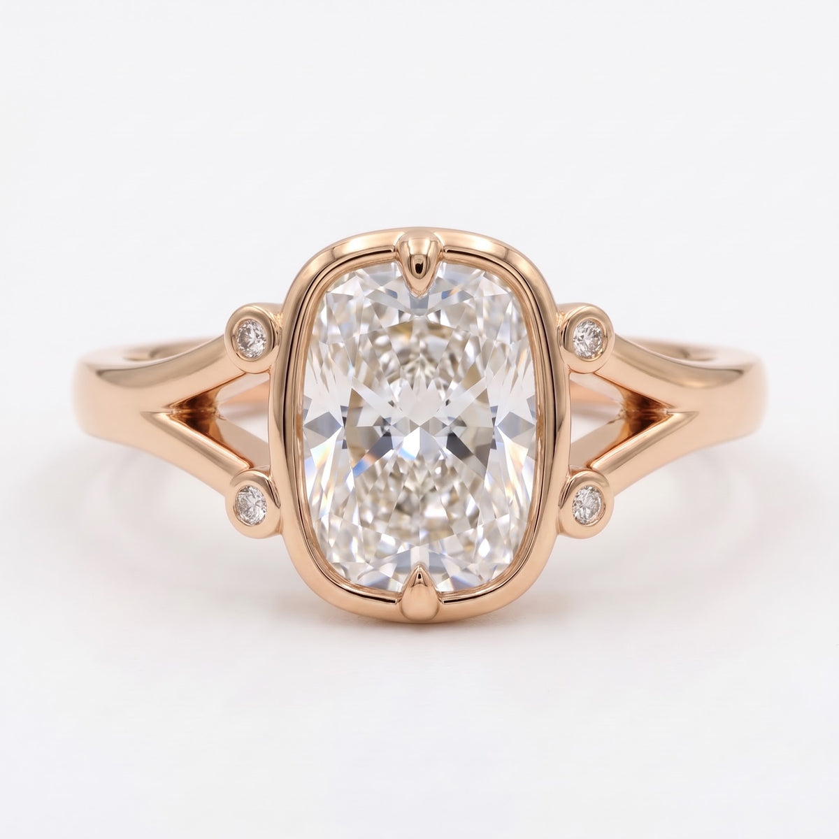 Lumière Bezel Split-Shank Long Cushion Diamond Side Stone Ring