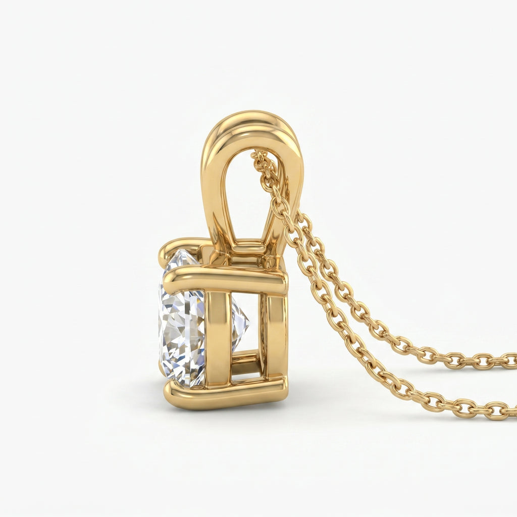 Gold necklace with a diamond pendant on a white background