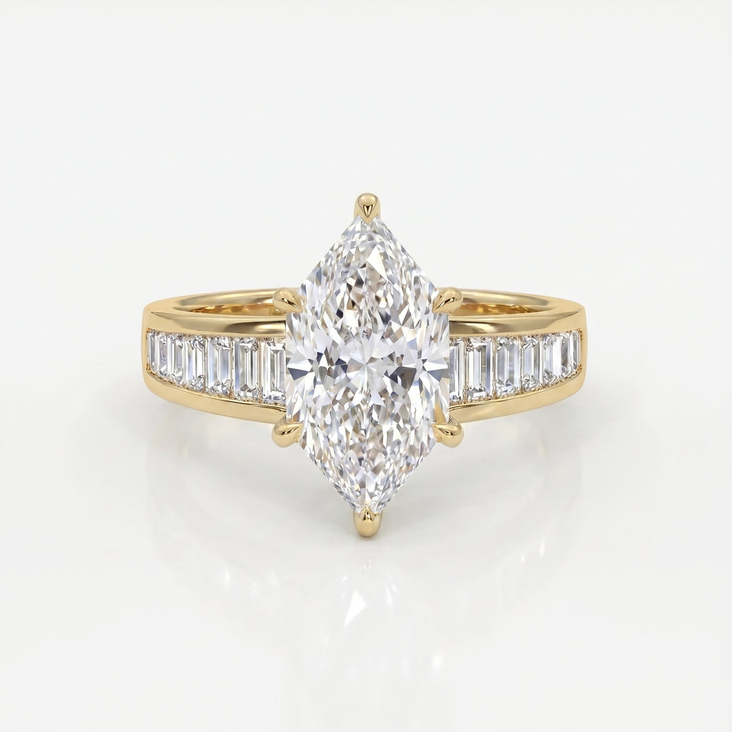 Marquise diamond engagement ring in yellow gold with baguette side stones and cathedral setting on white background