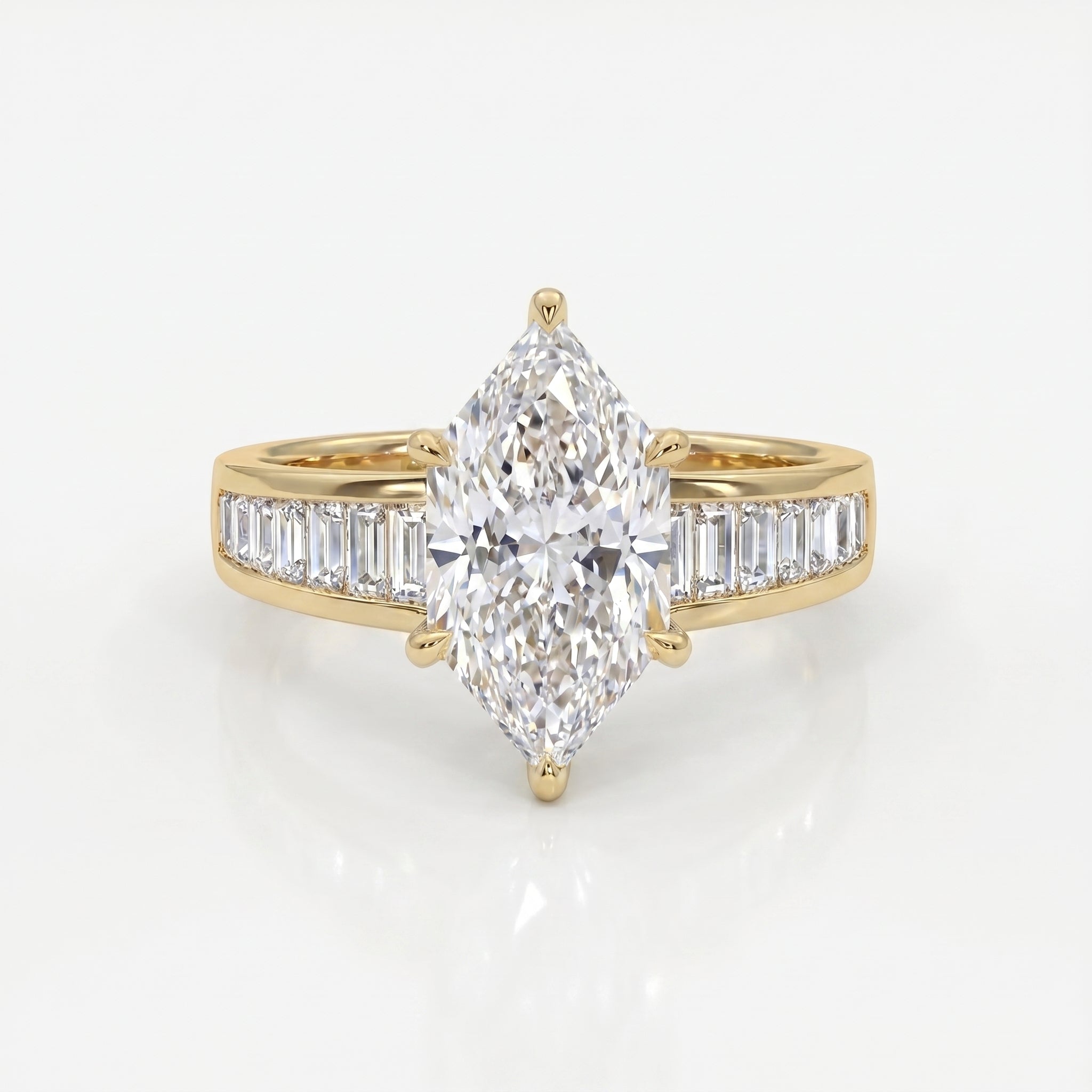 Marquise diamond engagement ring in yellow gold with baguette side stones and cathedral setting on white background