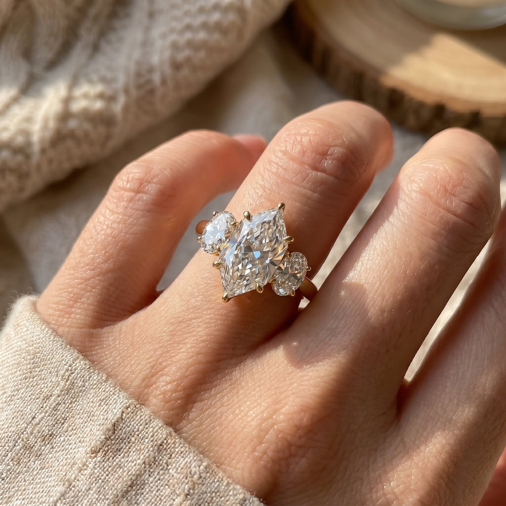 Marquise three stone engagement ring worn on hand showing finger coverage sparkle and elegant proportions