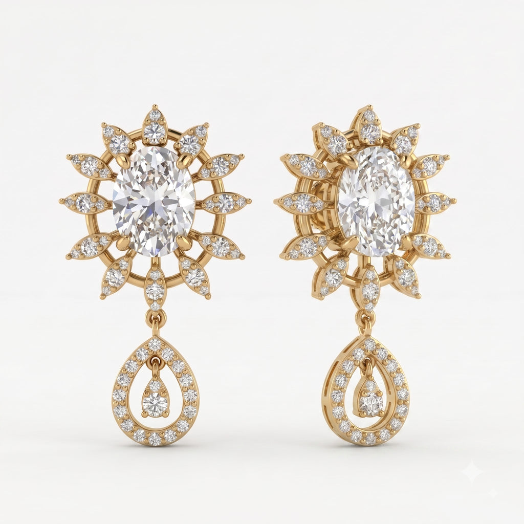 Oval Cut Diamond Sunburst Drop Earrings