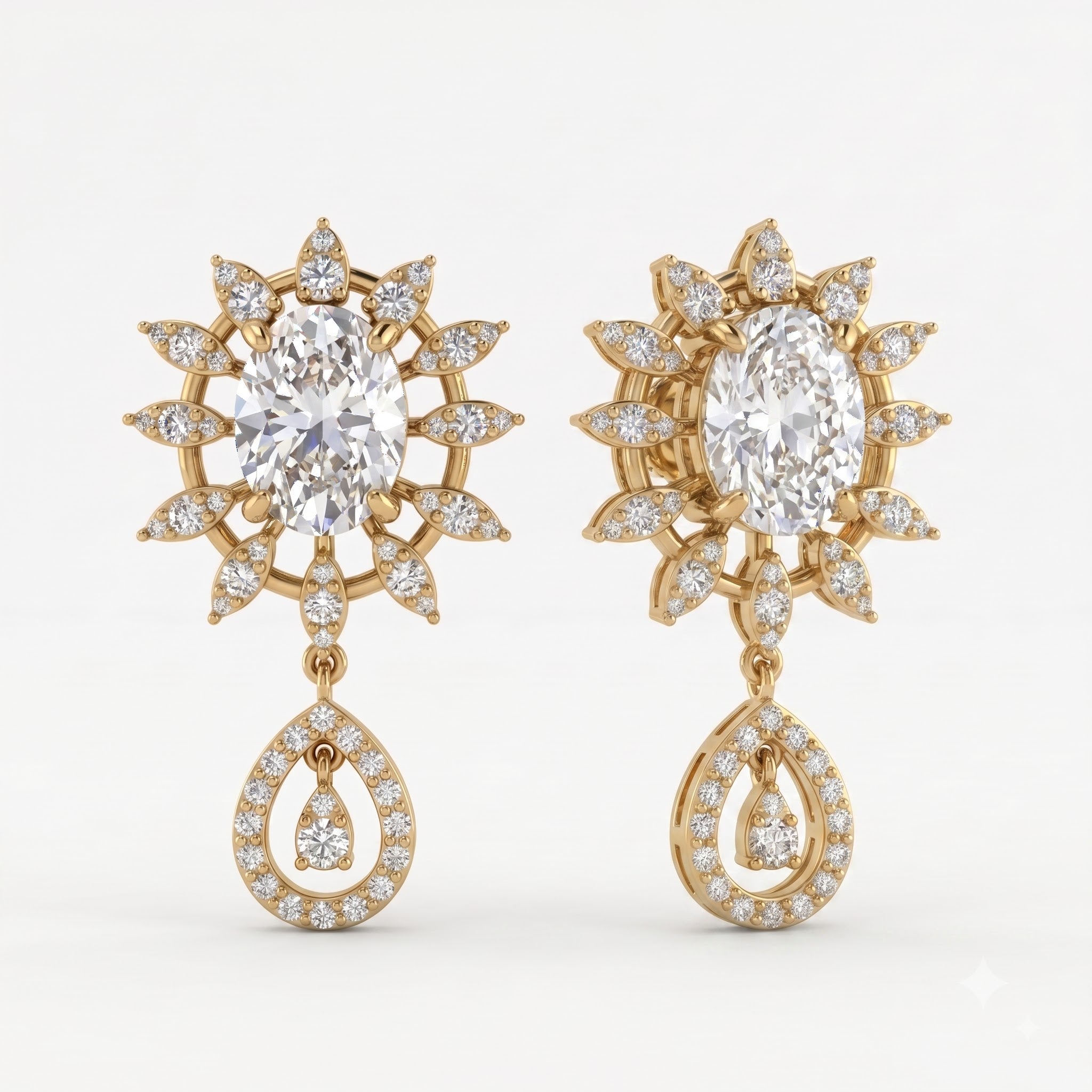 Oval Cut Diamond Sunburst Drop Earrings