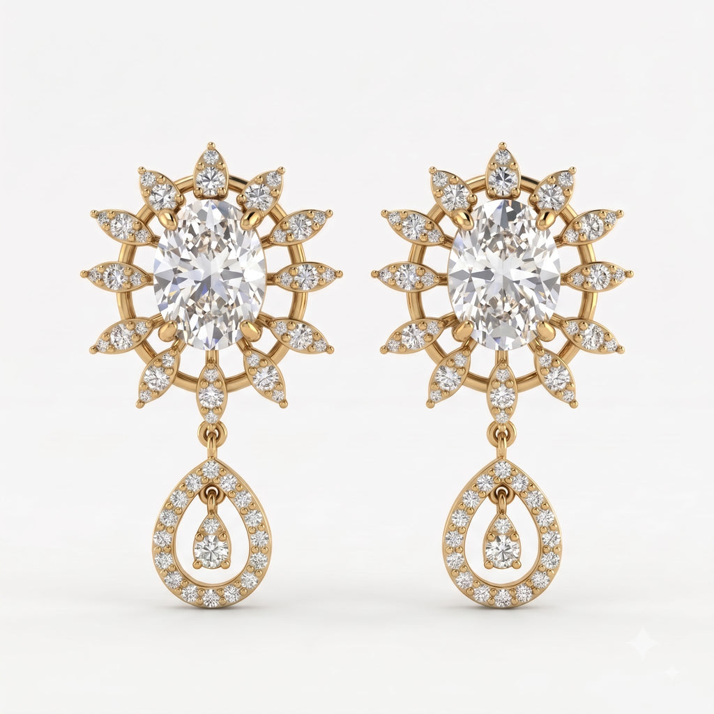 Oval Cut Diamond Sunburst Drop Earrings