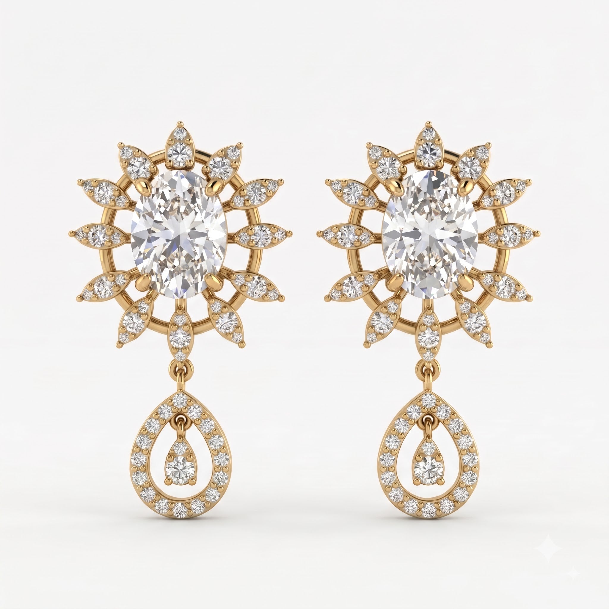 Oval Cut Diamond Sunburst Drop Earrings