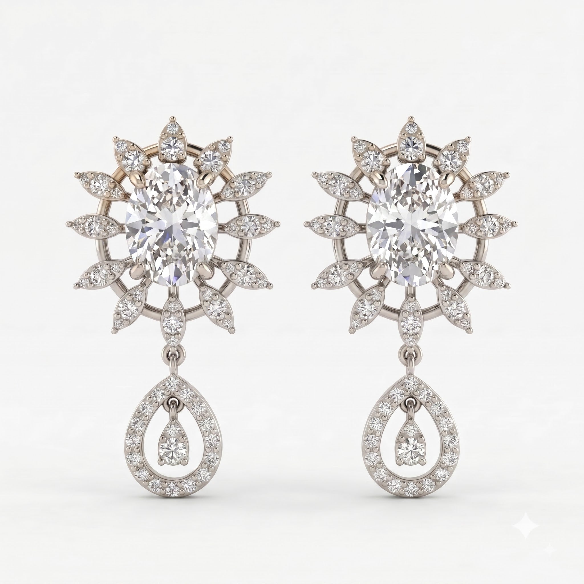 Oval Cut Diamond Sunburst Drop Earrings
