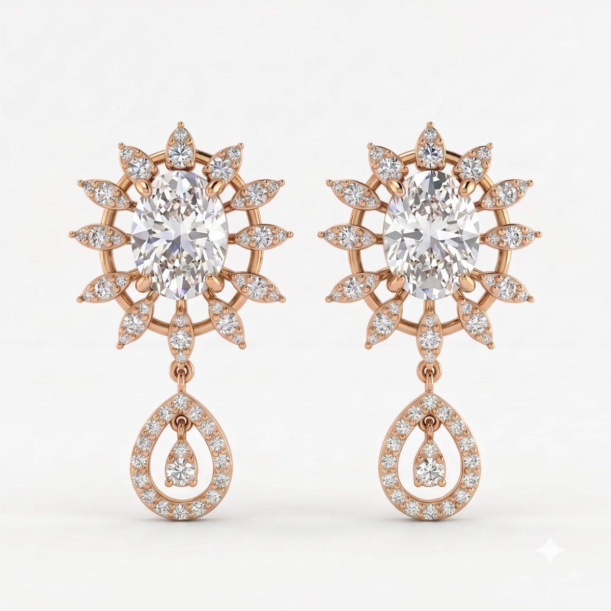 Oval Cut Diamond Sunburst Drop Earrings