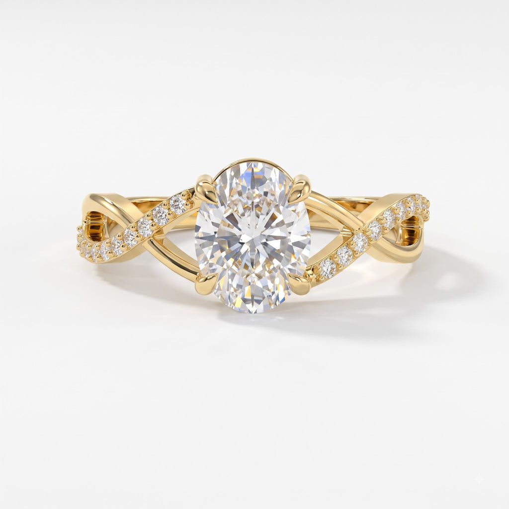 Celestine Oval Diamond Twisted Design Side Stone Ring